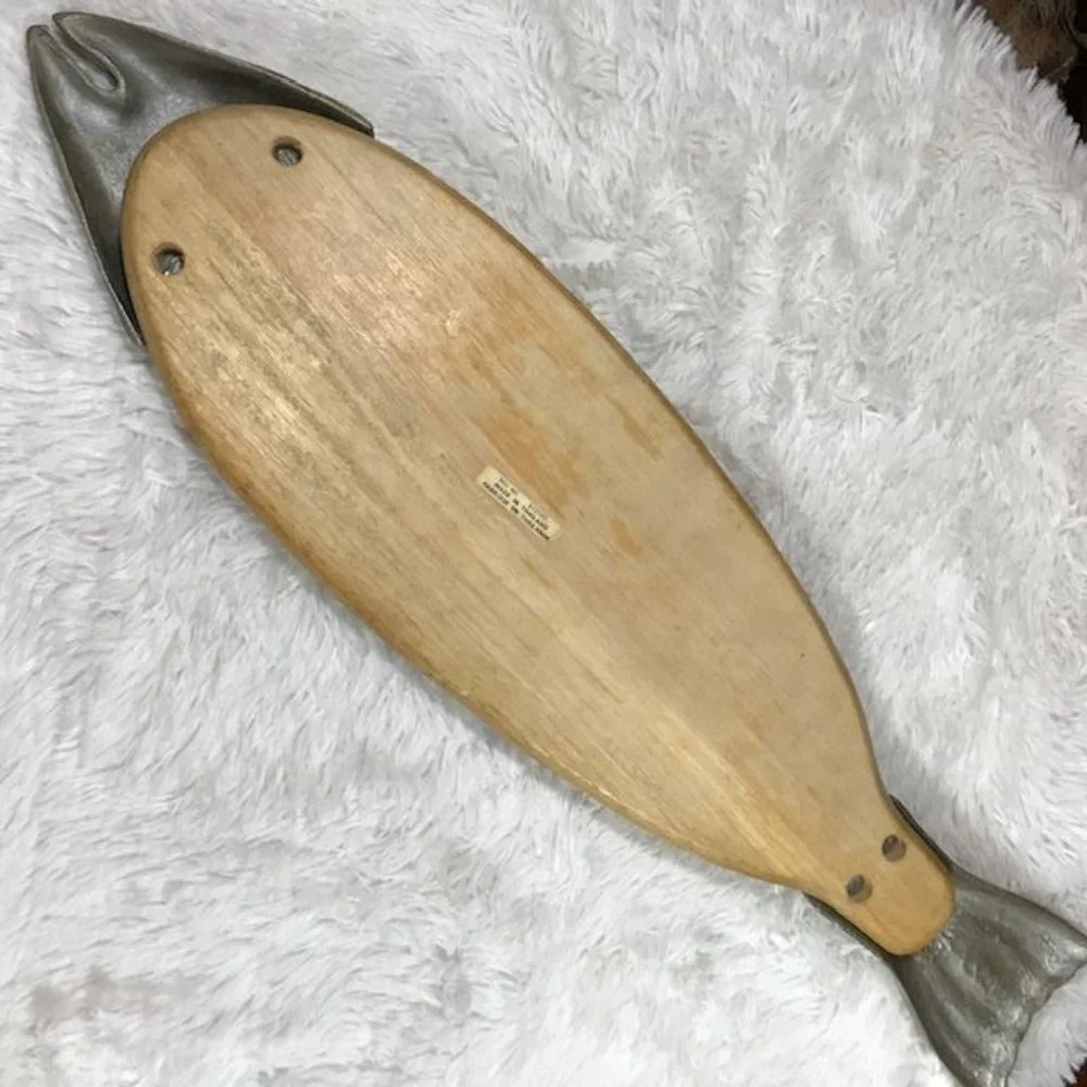 Vintage Rustic Genuine Wood Metal Fish Cutting Board Serving Tray